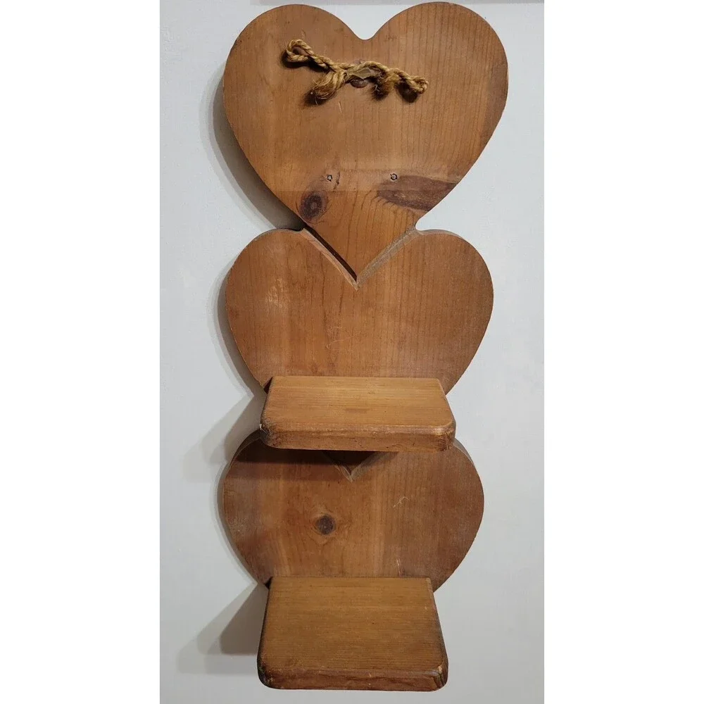 Vintage 3 Tier Wooden Heart Shaped Wall Shelf Cottagecore 20.5